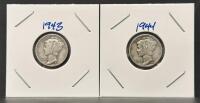 1943 & 1944 Mercury Dime Pair, 90% Silver, Circulated, Philadelphia Mint, U.S. Coins