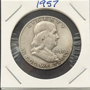 1957-D Franklin Half Dollar Coin &ndash; 90% Silver, Circulated Condition, 19,966,850 Mintage