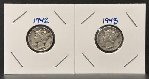 1942 & 1943 Mercury Silver Dimes, Philadelphia Mint, 90% Silver, Circulated, Lot Of 2 Coins
