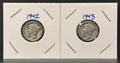 1942 & 1943 Mercury Silver Dimes, Philadelphia Mint, 90% Silver, Circulated, Lot Of 2 Coins