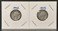 1942 & 1943 Mercury Silver Dimes, Philadelphia Mint, 90% Silver, Circulated, Lot Of 2 Coins