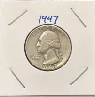 1947 Washington Quarter 90% Silver Coin, Heavy Reverse Paint Damage, 2x2 Flip Holder