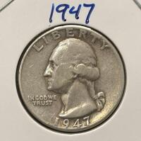 1947 Washington Quarter 90% Silver Coin, Heavy Reverse Paint Damage, 2x2 Flip Holder - 3