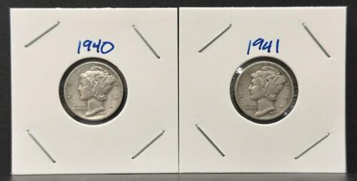 1940-S & 1941-S Mercury Dime Pair, 90% Silver, San Francisco Mint, Circulated, US Coins