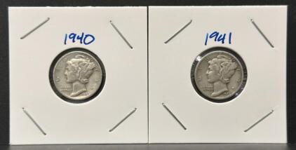 1940-S & 1941-S Mercury Dime Pair, 90% Silver, San Francisco Mint, Circulated, US Coins