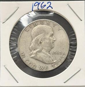 1962-D Franklin Half Dollar 90% Silver 50&cent; Coin, Denver Mint, Circulated