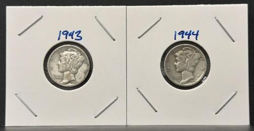 1943 & 1944 Mercury Dimes &ndash; 90% Silver, Circulated, US Coins, Adolph Weinman Design