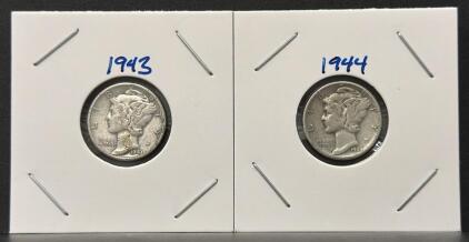 1943 & 1944 Mercury Dimes &ndash; 90% Silver, Circulated, US Coins, Adolph Weinman Design