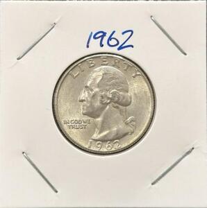 1962-D Washington Quarter, 90% Silver, Denver Mint, In 2x2 Holder