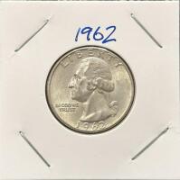 1962-D Washington Quarter, 90% Silver, Denver Mint, In 2x2 Holder