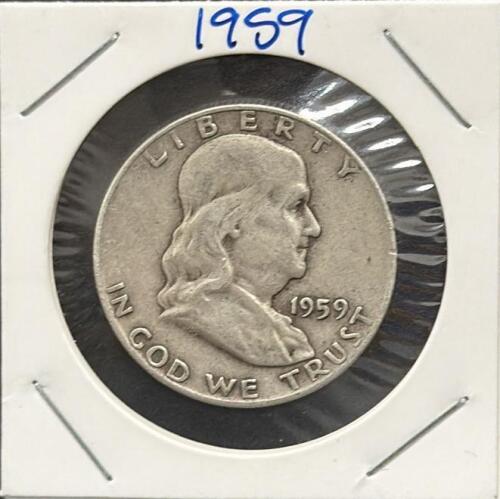 1959-D Franklin Silver Half Dollar, 90% Silver, Circulated, Denver Mint, John R. Sinnock Design