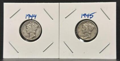 1944 & 1945 Mercury Dimes, Philadelphia Mint, 90% Silver, Winged Liberty Head Design