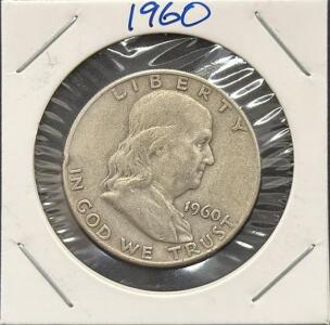 1960-D Franklin Half Dollar, 90% Silver, Denver Mint, Benjamin Franklin, Liberty Bell