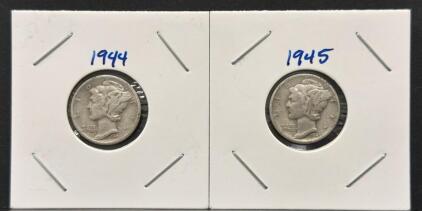 1944 & 1945 Mercury Dimes, 90% Silver, Circulated, Winged Liberty Head, U.S. Coins