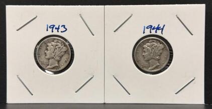 1943 & 1944 Mercury Dimes, 90% Silver, Philadelphia, Circulated, Lot Of 2