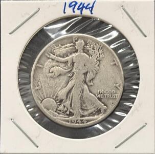 1944 Walking Liberty Half Dollar, 90% Silver, Philadelphia, Circulated, In 2x2 Flip