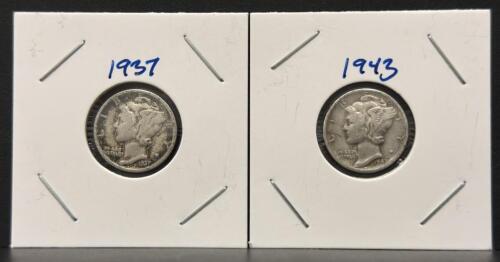 1937 Philadelphia & 1943-S San Francisco Mercury Silver Dimes, 90% Silver, Winged Liberty