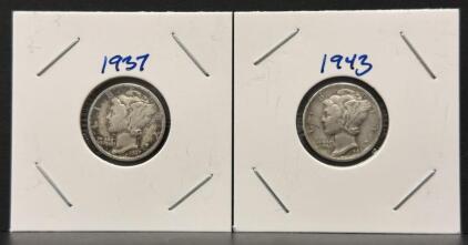 1937 Philadelphia & 1943-S San Francisco Mercury Silver Dimes, 90% Silver, Winged Liberty