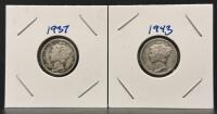 1937 Philadelphia & 1943-S San Francisco Mercury Silver Dimes, 90% Silver, Winged Liberty