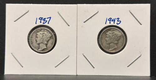 1937 & 1943 Mercury Dimes, 90% Silver, Philadelphia Mint, Adolph Weinman Design, Lot Of 2