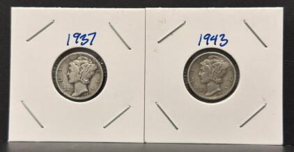1937 & 1943 Mercury Dimes, 90% Silver, Philadelphia Mint, Adolph Weinman Design, Lot Of 2