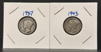 1937 & 1943 Mercury Dimes, 90% Silver, Philadelphia Mint, Adolph Weinman Design, Lot Of 2