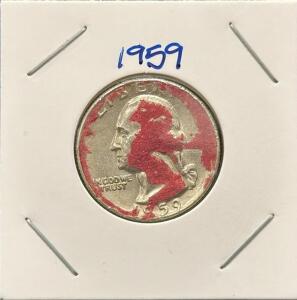 1959-D Washington Quarter, 90% Silver, Circulated With Red Toning