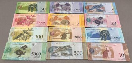 Venezuelan 500, 5000, 100, 10, 20,000, 10,000, 5, 20, 2, 1,000, 50 & 2000 Bol&iacute;vares Soberanos Banknotes, 2018 Series, Uncirculated, Lot Of 20 Each