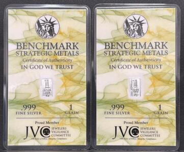 (2) Benchmark Strategic Metals .999 Fine Silver Bar 1 Grain Sealed Assay Card USA COA JVC