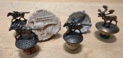 Vintage Metal Wine Bottle Stoppers Set & Scenic Nature Belt Buckles &ndash; Horse Racing, Stag, Bird Motifs, Cork Base, c. 1960&ndash;80s