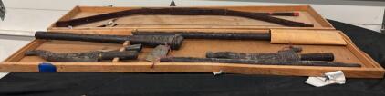 Traditional Mongolian Composite Bow And Carved Weaponry Set With Wooden Case