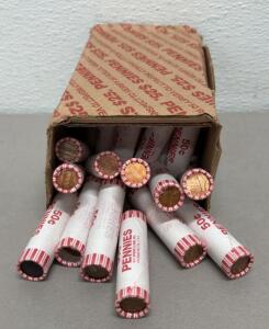 Open And Almost Full $25 Box Of Bank-Wrapped U.S. Penny Rolls &ndash; 2,500 Coins, Mixed Years