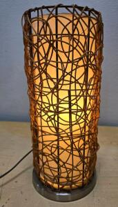 Woven Rattan Table Lamp, Cylindrical 15" x 6", Fabric Inner Shade, E26 Bulb, Electric Cord POWERS ON