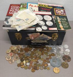 Coin & Currency Collection: 100+ Coins, Mexico, Italy Bills, Wooden Tokens, Books, Stamp Starter