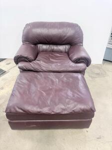 Leather Armchair With Ottoman, Dark Burgundy, 50" Wide, Matching Set