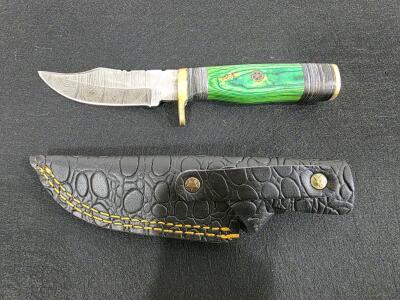 Custom Green Handle Fixed-Blade Hunting Knife, Damascus Pattern, Leather Sheath, 8.75" Overall