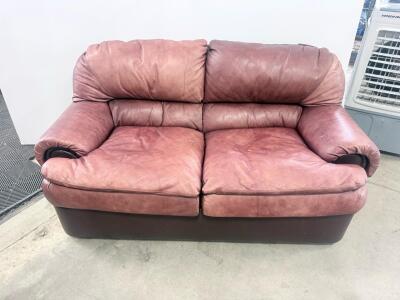 Overstuffed Pillow-Back Leather Loveseat, Maroon & Brown, 62"x36"x36"