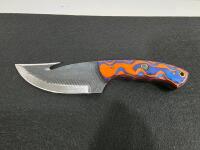 Custom Fixed-Blade Gut Hook Knife With Orange-Blue Handle, Leather Sheath & Keychain Folder Set - 2