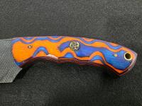 Custom Fixed-Blade Gut Hook Knife With Orange-Blue Handle, Leather Sheath & Keychain Folder Set - 3