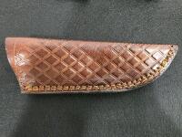Custom Fixed-Blade Gut Hook Knife With Orange-Blue Handle, Leather Sheath & Keychain Folder Set - 4