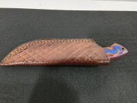 Custom Fixed-Blade Gut Hook Knife With Orange-Blue Handle, Leather Sheath & Keychain Folder Set - 5
