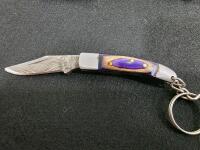 Custom Fixed-Blade Gut Hook Knife With Orange-Blue Handle, Leather Sheath & Keychain Folder Set - 6