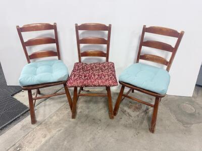 Set Of 3 Wooden Ladder-Back Dining Chairs With Padded Cushions, Brown Finish, 36" Tall