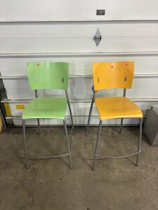Pair Of Metal Frame Bar Stools With Painted Wood Seats