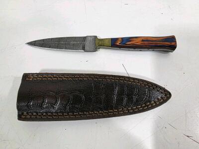 Damascus Fixed Blade Knife 4.3" Spear Point, Dyed Wood Handle, Brass Guard, Leather Sheath