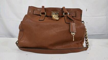 Michael Kors Hamilton Large Brown Leather Satchel Tote, Gold Hardware, Lock & Key Charm