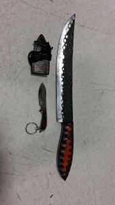 Custom Fixed Blade Knife With Patterned Handle And Miniature Knife Keychain
