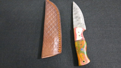 Custom Damascus Fixed Blade Knife, 4.5" Blade, Mosaic Pin, Colorful Handle, Leather Sheath