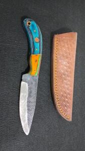 Custom Fixed-Blade Knife with Multicolored Handle and Tooled Leather Sheath