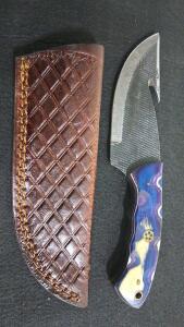 Custom Fixed Blade Hunting Knife with Gut Hook, Resin Handle, Tooled Leather Sheath